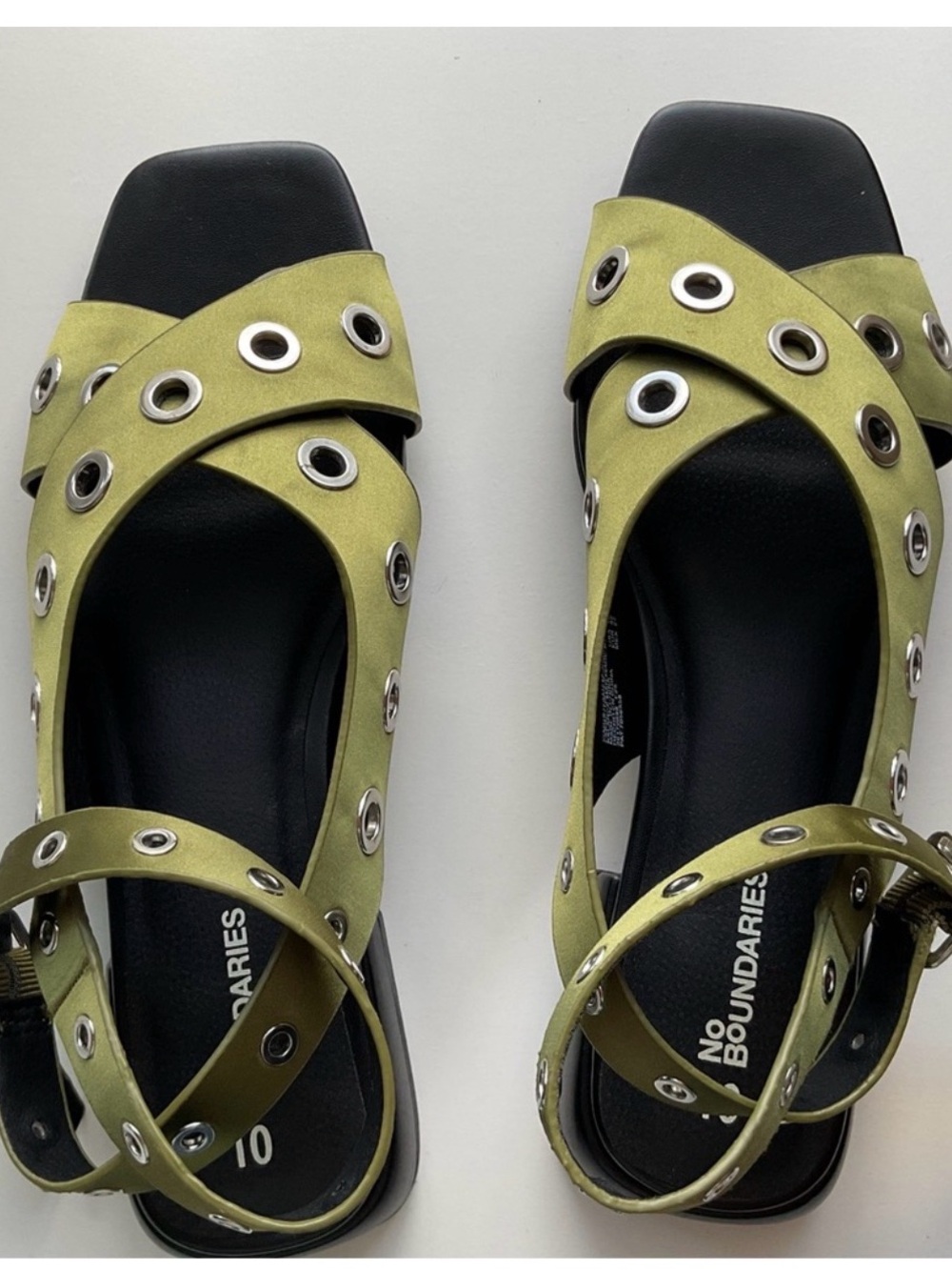 No Boundaries Olive Green Grommet Ankle-Strap Sandals with Black Insole